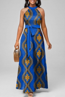 Tribal Print Tie Belted Blue Maxi Dress