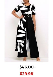 Black Pocket Brush Stroke Print Belted Jumpsuit