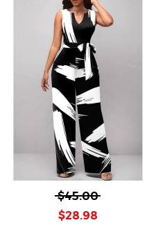 Graffiti Print Belted White Split Neck Jumpsuit