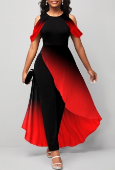 Red Ombre Asymmetric Hem Mesh Stitching Jumpsuit
