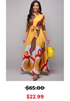 Belted Tribal Print Turndown Collar Dress