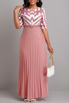 Geometric Print Button Belted Pink Maxi Dress