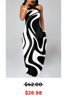 Geometric Print Criss Cross Black Maxi Dress