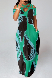 Graffiti Print Criss Cross Green Maxi Dress