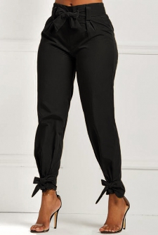 Belted Black Elastic Mid Waisted Pants