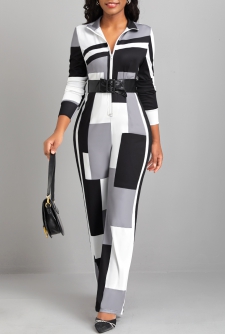 Geometric Print Zipper Black Long Stand Collar Jumpsuit