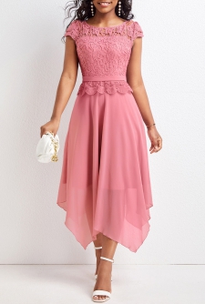 Pink Boat Neck Short Sleeve Asymmetry Dress