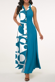 Geometric Print Pocket Blue Lapel Sleeveless Dress