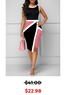 Geometric Print Split Pink Round Neck Bodycon Dress