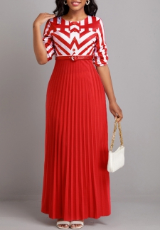 Geometric Print Button Belted Pink Maxi Dress