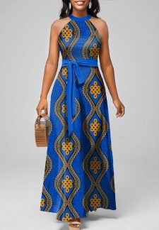 Tribal Print Tie Belted Blue Maxi Dress