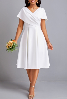 Umbrella Hem V Neck Short Sleeve White Dress