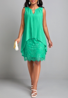 Green H Shape Round Neck Sleeveless Lace Dress