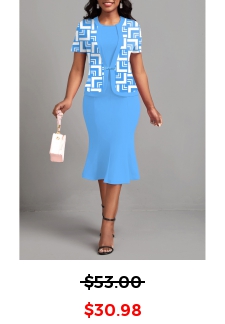Geometric Print Patchwork Light Blue Bodycon Dress