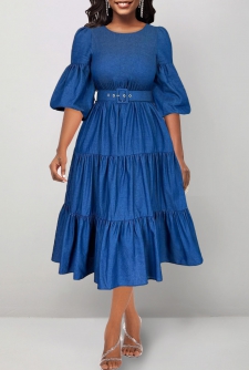 Ruched Belted Denim Blue Round Neck Dress