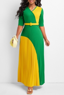 V Neck Pleated Belted Green Maxi Dress