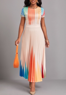 Ombre Pleated Beige Round Neck Maxi Dress