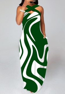Geometric Print Criss Cross Green Maxi Dress