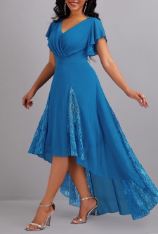Blue High Low V Neck Lace Dress