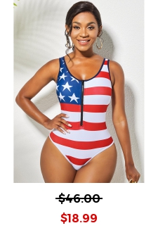 American Flag Print Quarter Zip One Piece Swimwear