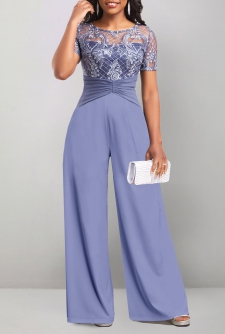 Round Neck Lace Dusty Blue Long Jumpsuit