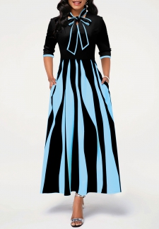 Geometric Print Pocket Light Blue Maxi Dress