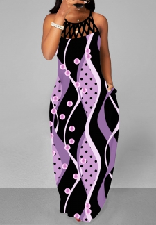 Geometric Print Cage Neck Light Purple Maxi Dress