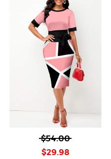 Tie Front Geometric Print Pink Short Sleeve Dress