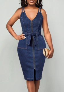 Zipper Belted V Neck Denim Bodycon Dress