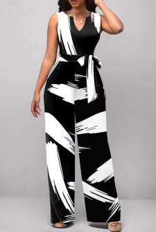 Graffiti Print Belted White Split Neck Jumpsuit