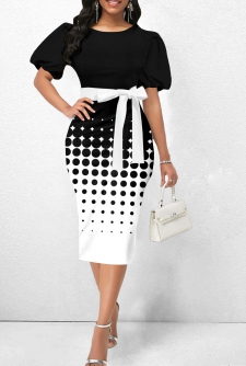 Polka Dot Belted Black Round Neck Bodycon Dress