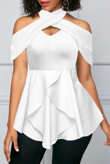 Criss Cross White Cold Shoulder Short Sleeve Blouse