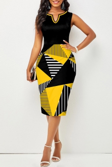 Sleeveless Geometric Print Black Split Neck Bodycon Dress