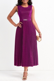 Pleated Dark Reddish Purple Shinning Round Neck Sleeveless Dress
