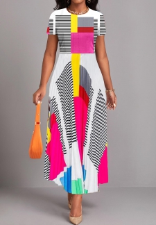 Geometric Print Pleated Multi Color Maxi Dress