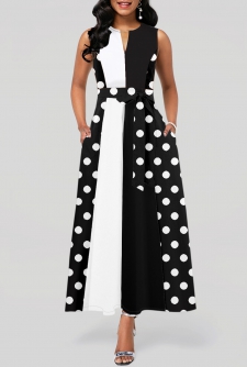 Polka Dot Tie Belted Black Split Neck Dress
