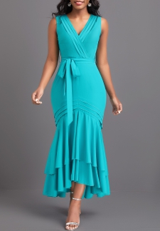 Mermaid Belted Cyan V Neck Sleeveless Bodycon Dress
