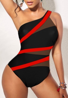 Contrast Asymmetry Black One Piece Swimwear