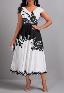 Floral Print Umbrella Hem Black V Neck Dress