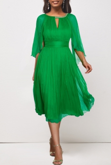 Asymmetry Boat Neck Half Sleeve Green Dress