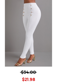 Skinny Button White Elastic Waist High Waisted Pants