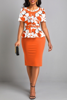 Floral Print Fake 2in1 Belted Orange Bodycon Dress