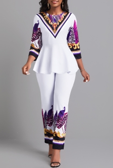 Leaf Print Ruffle White Ankle Length Top and Pants