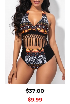 Tribal Print High Waisted Tassel Detail Bikini Set