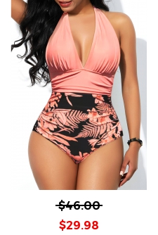 Floral Print Ruched Pink One Piece Swimwear