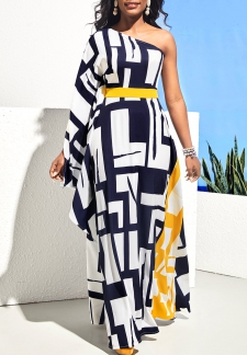 One Shoulder Navy Blue Geometric Print Maxi Dress
