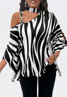 Zebra Stripe Print Asymmetry Black T Shirt