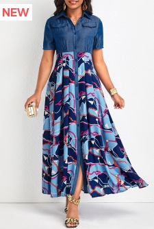 Chain Print Button Denim Blue Maxi Dress