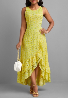 Ruffle Asymmetry Light Yellow A Line Maxi Dress
