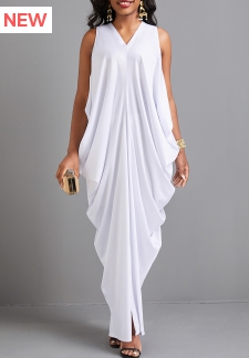White O Shape V Neck Split Maxi Dress